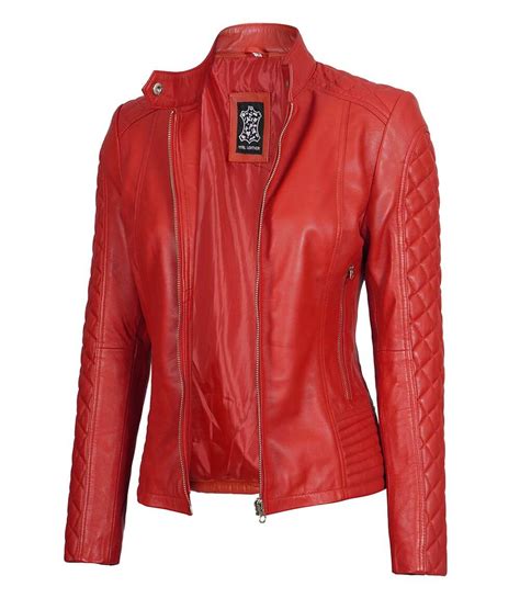 Women Red Cafe Racer Leather Jacket Quilted Sleeves