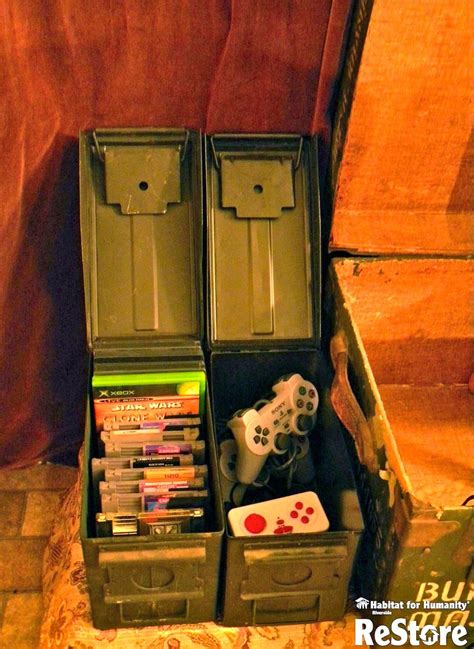 Call of duty desk for a teen boy's room. Ammo cans repurposed into video game & controller storage ...