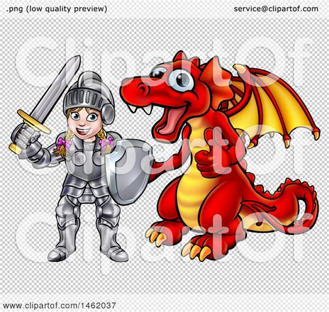 Clipart Of A Caucasian Girl Knight By A Red Dragon Royalty Free