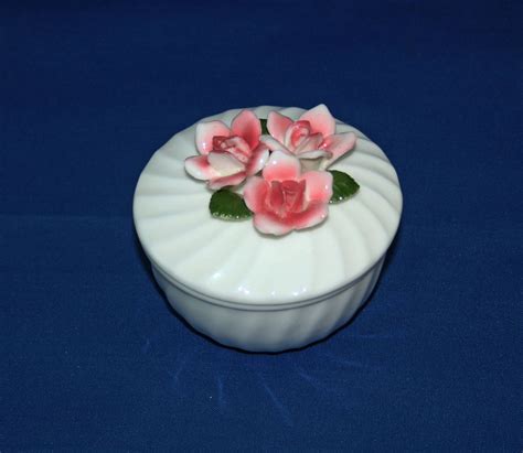 Vintage Round White Porcelain Lidded Trinket Box With Red And Etsy