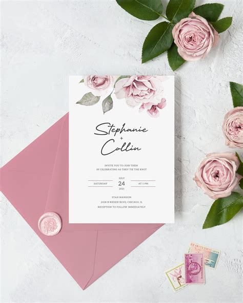 Dusty Rose Wedding Invitation Template Printable Pink Floral Etsy