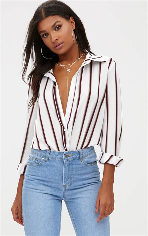 White Satin Stripe Shirt Prettylittlething Ca