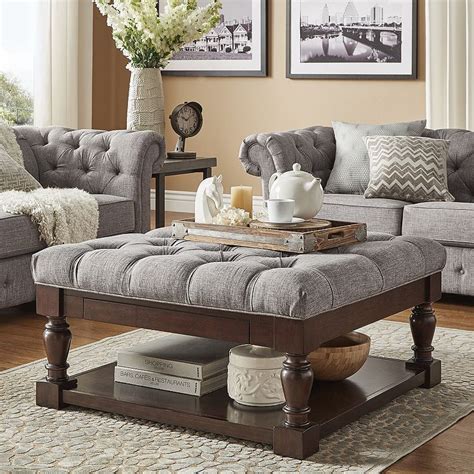 Homevance Button Tufted Upholstered Coffee Table Grey Upholstered
