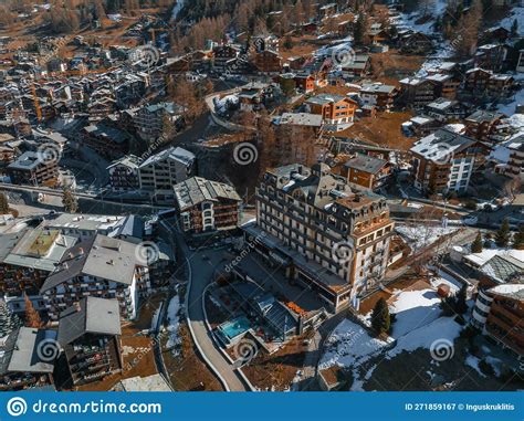 Aerial View On Zermatt Valley Town And Matterhorn Peak In The