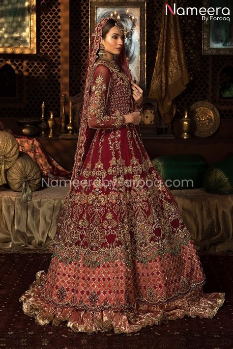 lavish lehenga with frock in red pakistani bridal dress nameera by farooq