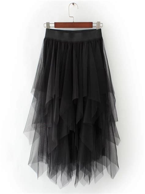 Shop Black Asymmetric Tiered Mesh Skirt Online Shein Offers Black Asymmetric Tiered Mesh Skirt