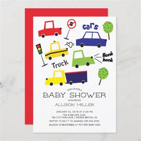 Colorful Cars And Trucks Baby Shower Invitation