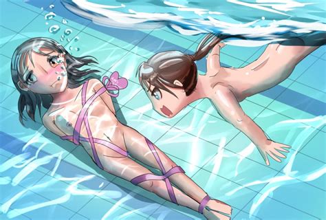 original 2girls barefoot multiple girls naked ribbon nude ribbon underwater yuri image