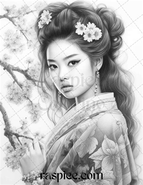 40 beautiful japanese girls grayscale coloring pages printable for adu grayscale coloring