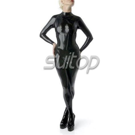Suitop Black Catsuit Latex Corset Style Rubber Catsuit With Feet With