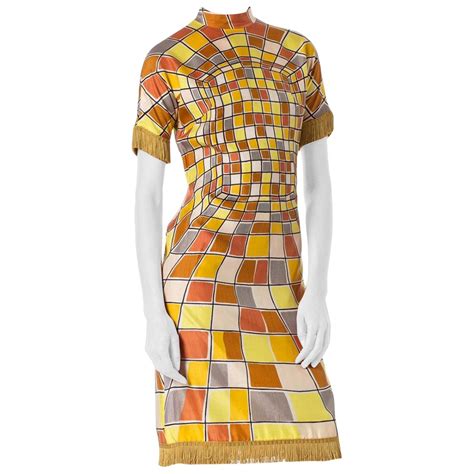1960s yellow rayon op art geo print short sleeve mod dress with fringe for sale at 1stdibs