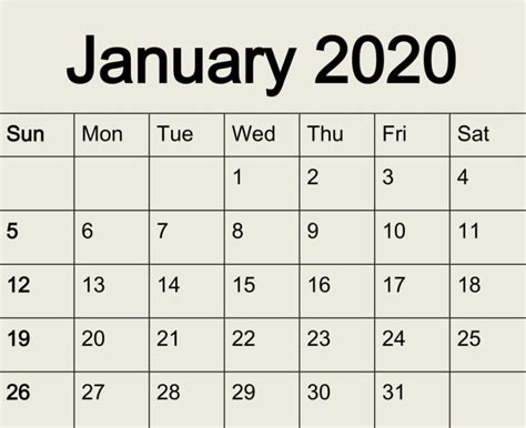 Free Printable January 2020 Excel Calendar One Page Calendar Template