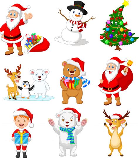 Dessins des habits du père noël. Dessin Animé Père Noël Avec Beaucoup D'animaux Collection Ensemble | Vecteur Premium
