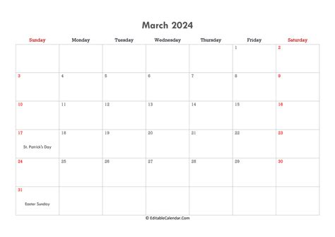 Download Editable Calendar March 2024 Word Version