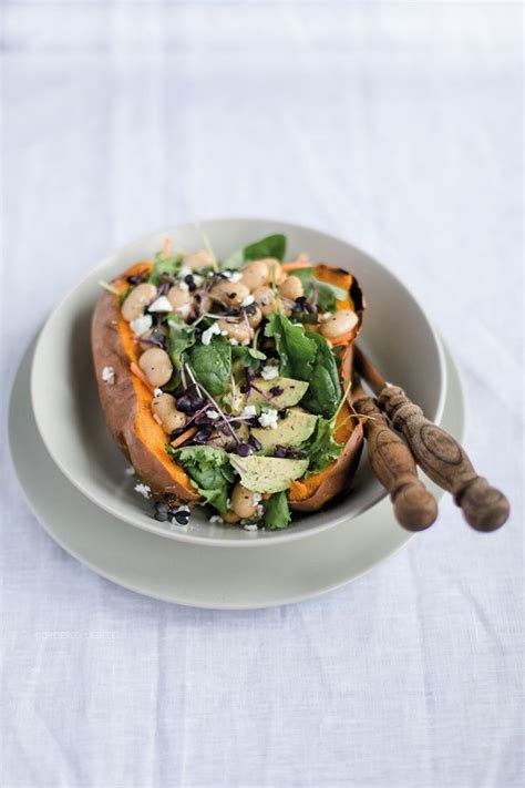 Start potatoes and prepare ingredients. baked sweet potato with white beans, onions, garlic, baby ...