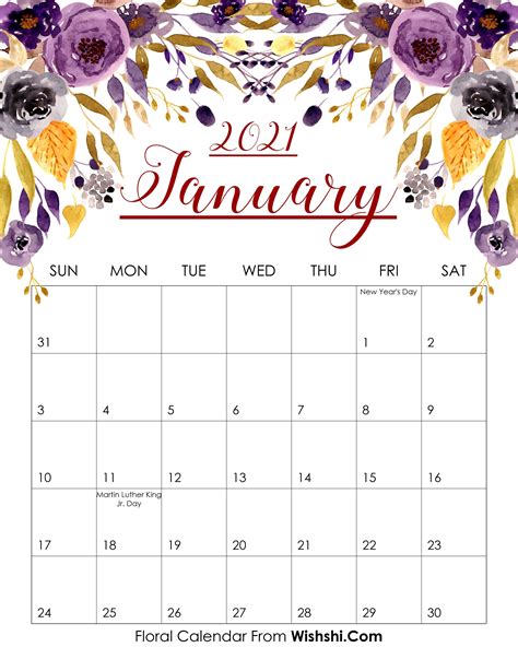 January is the month of the roman god of doors, janus. Floral January 2021 Calendar Printable - Free Printable ...