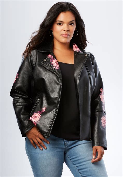 Floral Moto Jacket Plus Size Leather And Faux Leather Roaman S