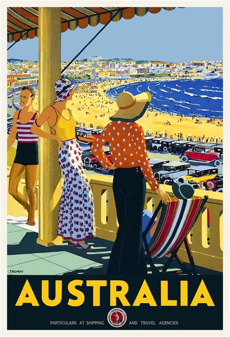 Vintage Art Deco Travel Poster Australia Bondi Beach Sydney 1920s