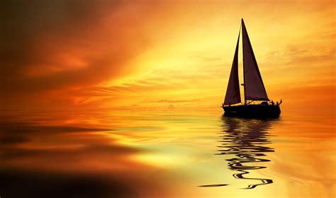 Sea Ocean Boat Yacht Sky Clouds Sunset Orange Landscapes Nature Earth Wallpapers Hd