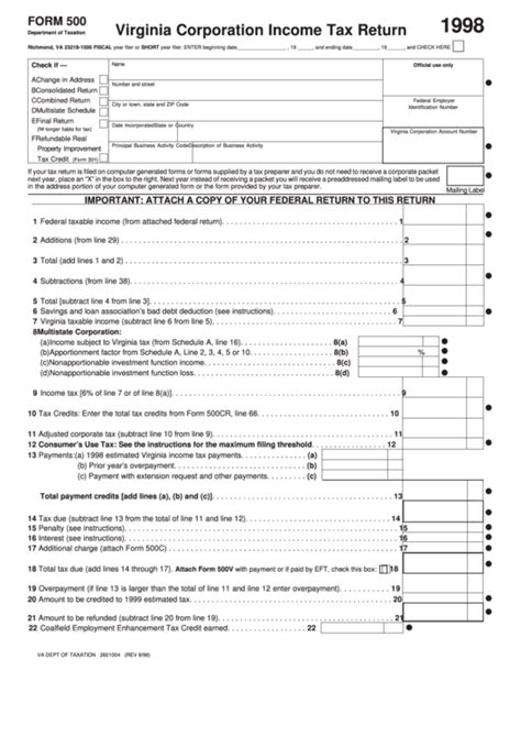 Fillable Form 500 Virginia Corporation Income Tax Return 1998