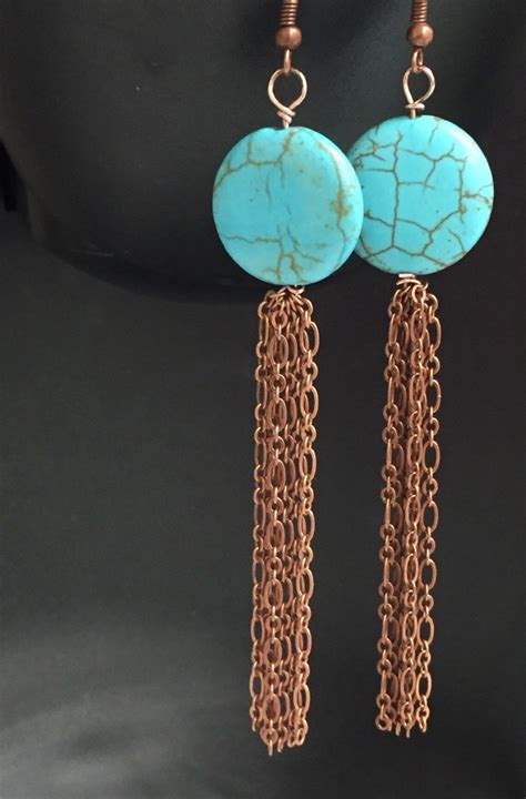 Turquoise Tassel Earrings Antique Copper Tassel Turquoise Etsy