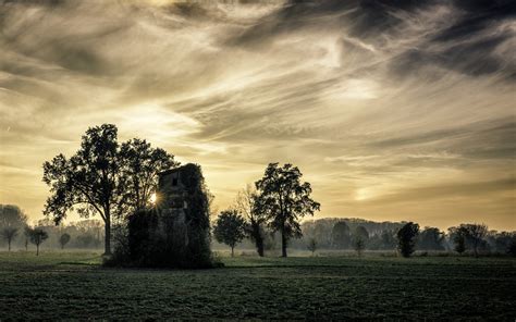 Nature Landscape Mist Sunset Trees Abandoned House Italy Clouds