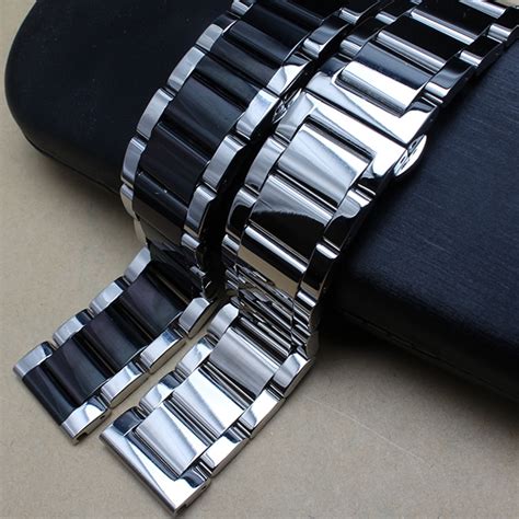 Polished Metal Black Silver Watchband 20mm 22mm 24mm Stainless Steel