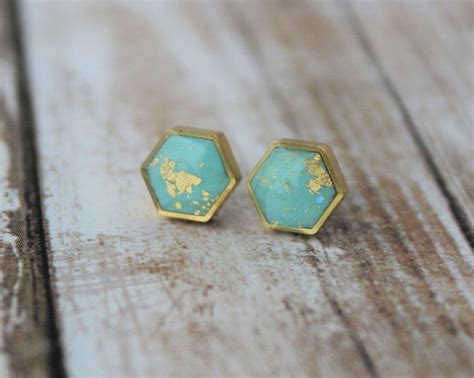 Turquoise And Gold Hexagon Stud Earrings Turquoise Studs Etsy Canada