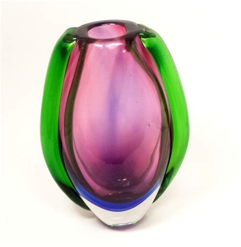 Large Murano Art Glass Heavy Vase Hand Blown Cristalleria Purple Blue