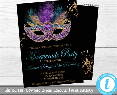 Diy Masquerade Birthday Party Invitation With Masquera Masquerade