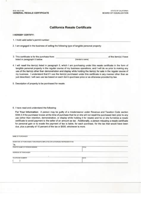 California Resale Certificate Fillable Form Printable Forms Free Online