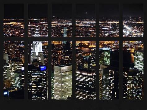 Window View Ny Cityscape By Night With Chrysler Building Manhattan