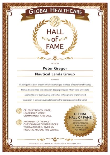 globals over 50s hall of fame certificate 2014 wellings of picton