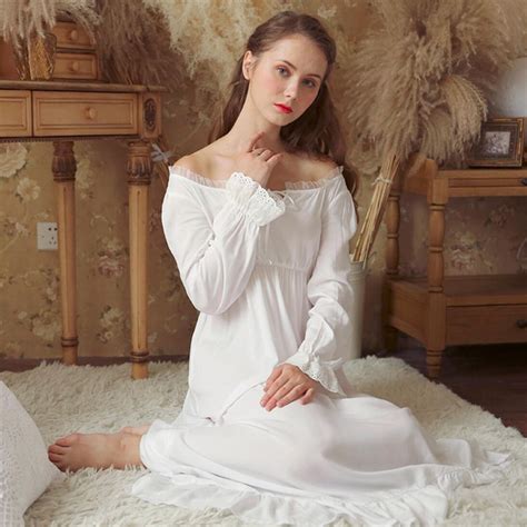 Sexy Slash Lace Up Sleep Wear Night Dress Vintage Nightgown Long Sleeve Nightdress White Cotton