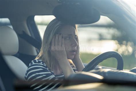 Scared Woman Sit At Driver Seat In Car Afraid To Drive Anxious Middle