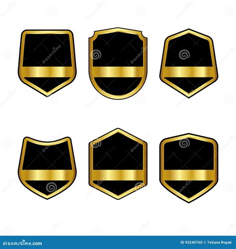 Set Of Black Shields With Golden Ribbons In Trendy Flat Style Isolated