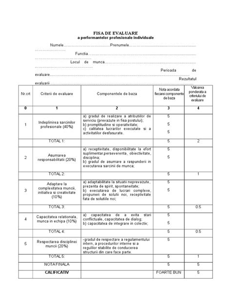 Fisa De Evaluare A Performantelor Profesionale Individuale