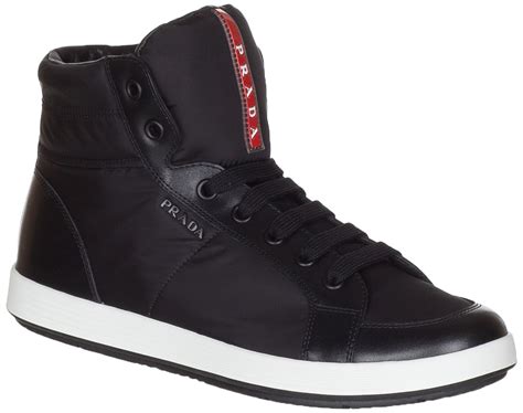 Prada Mens Black Leather Nylon High Top Sneakers Shoes