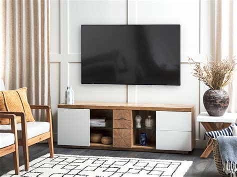 tv möbel heller holzfarbton weiss 160 x 40 x 52 cm farada beliani ch