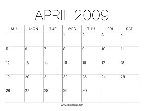 2009 Calendar April Printable Old Calendars