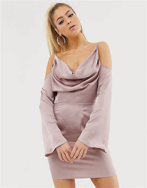 Missguided Satin Cowl Neck Dress With Cold Shoulder In Blush Asos