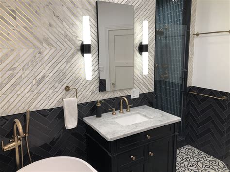 Black And White Bathroom With Champagne Bronze Fixtures Alternating