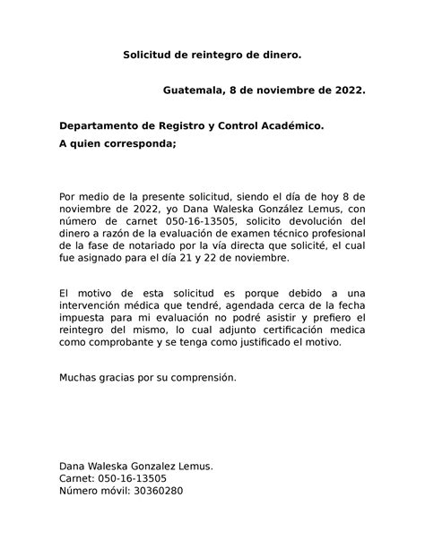 Solicitud De Reintegro De Dinero Guatemala 8 De Noviembre De 2022