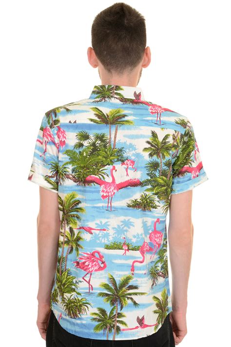 Cos Shop Rockabilly Flamingo Hawaiian Kurzarm Hemd Aus Baumwolle Mit Palmen Und Flamingos