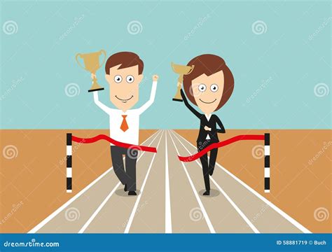 Business Team Crossing Finish Line With Trophies Stock Vector