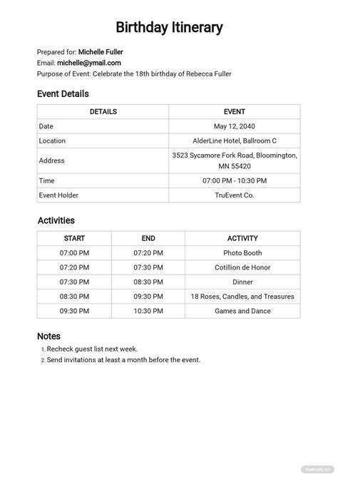 Sample Event Itinerary Template [Free PDF] - Word (DOC) | Apple (MAC) Pages | Google Docs