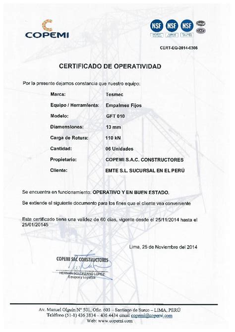 Certificados De Operatividad Según G R 004 0000546 Comsa