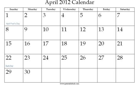 April 2012 Printable Calendar Printable Hub