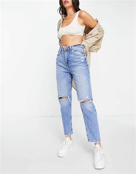 Bershka Mom Jeans With Rips In Mid Blue Asos