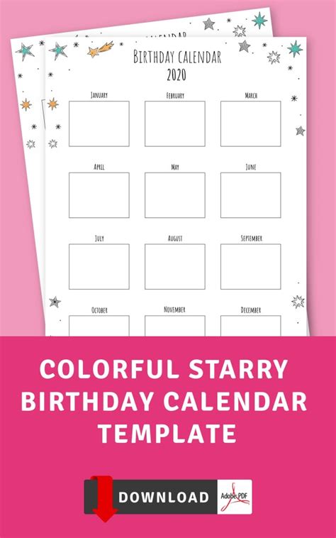 colorful starry birthday calendar template printable pdf